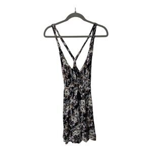 Free People Black and Purple Floral Mini Dress With Tassels Size Medium